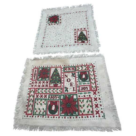 Vintage Christmas Themed Fringe Placemats Set Of 2 18"x13" Used READ - Picture 1 of 9